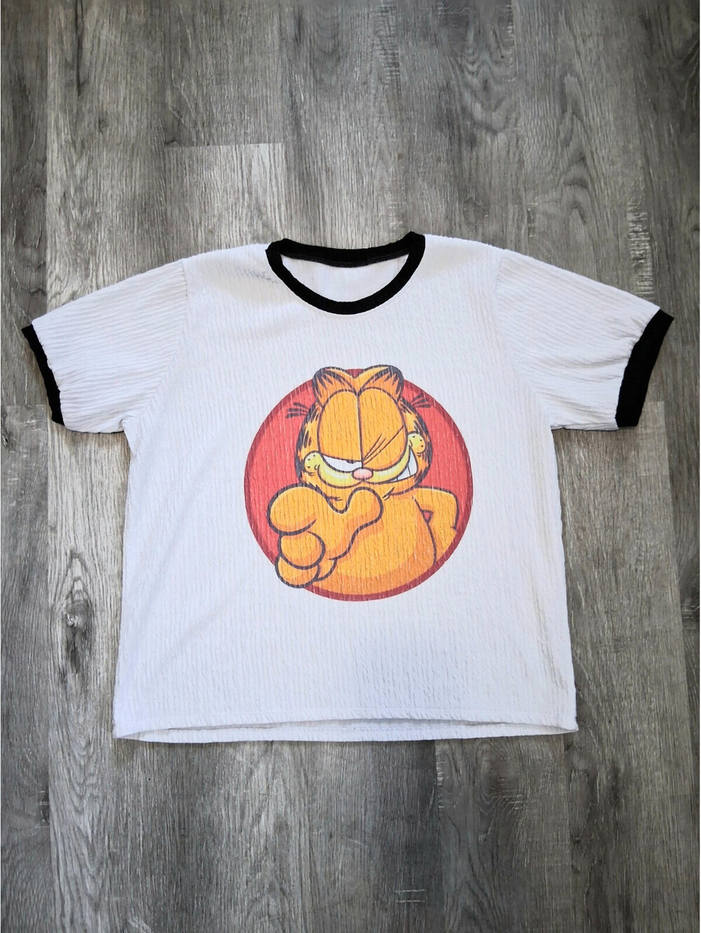 Garfield Women's XL White And Black Crinkle Puckered Graphic Ringer T-Shirt